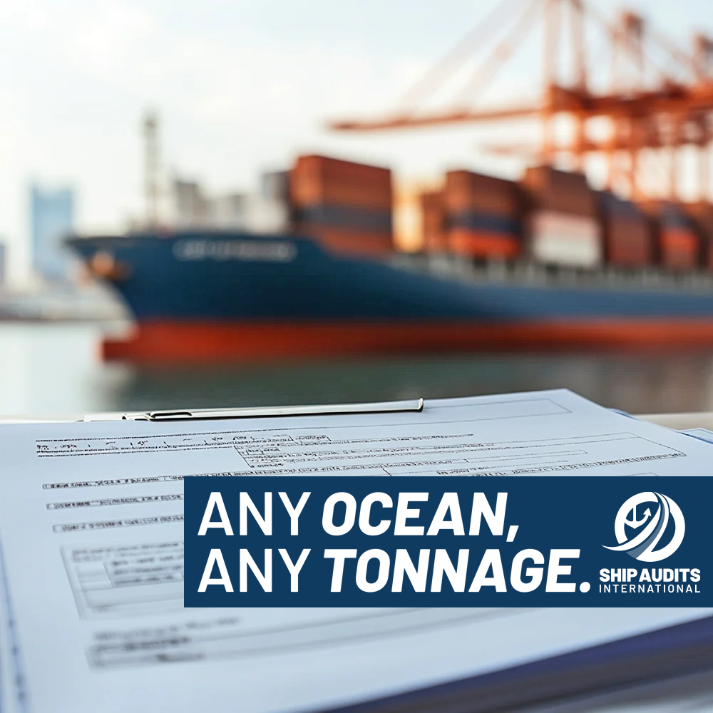 Marine compliance audit in progress aboard a container vessel